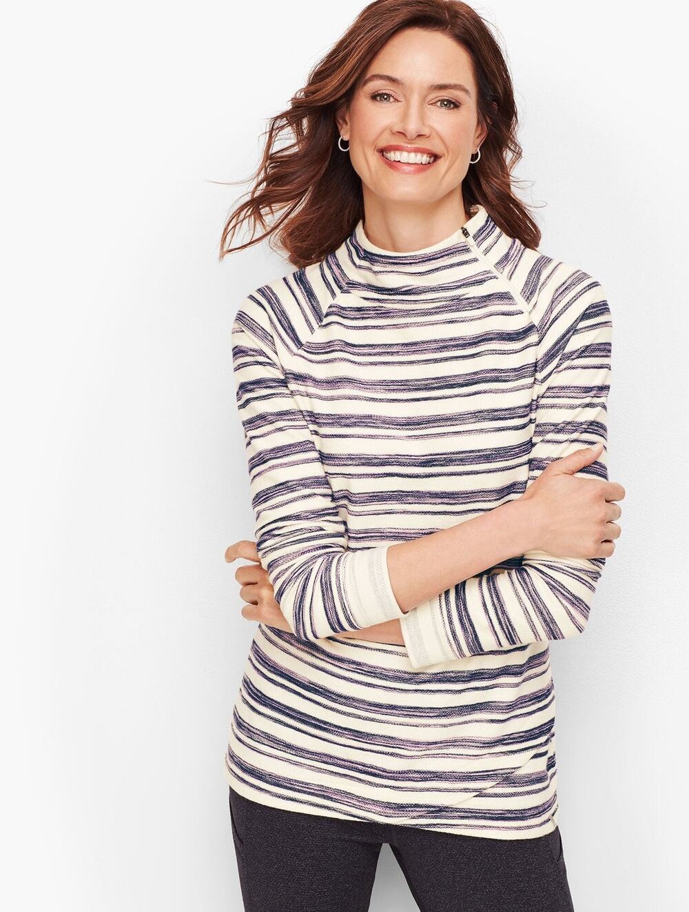 T By Talbots Pullover Medium Striped Brushed Terry Long Sleeve Mock Neck Purple